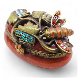 Jay Strongwater - 'Two Peas in a Pod' enamel trinket box, L11.5cm, frog brooch and small trinket box, decorated with a fly and trailing leaves, all set with Swarovski crystals (3)