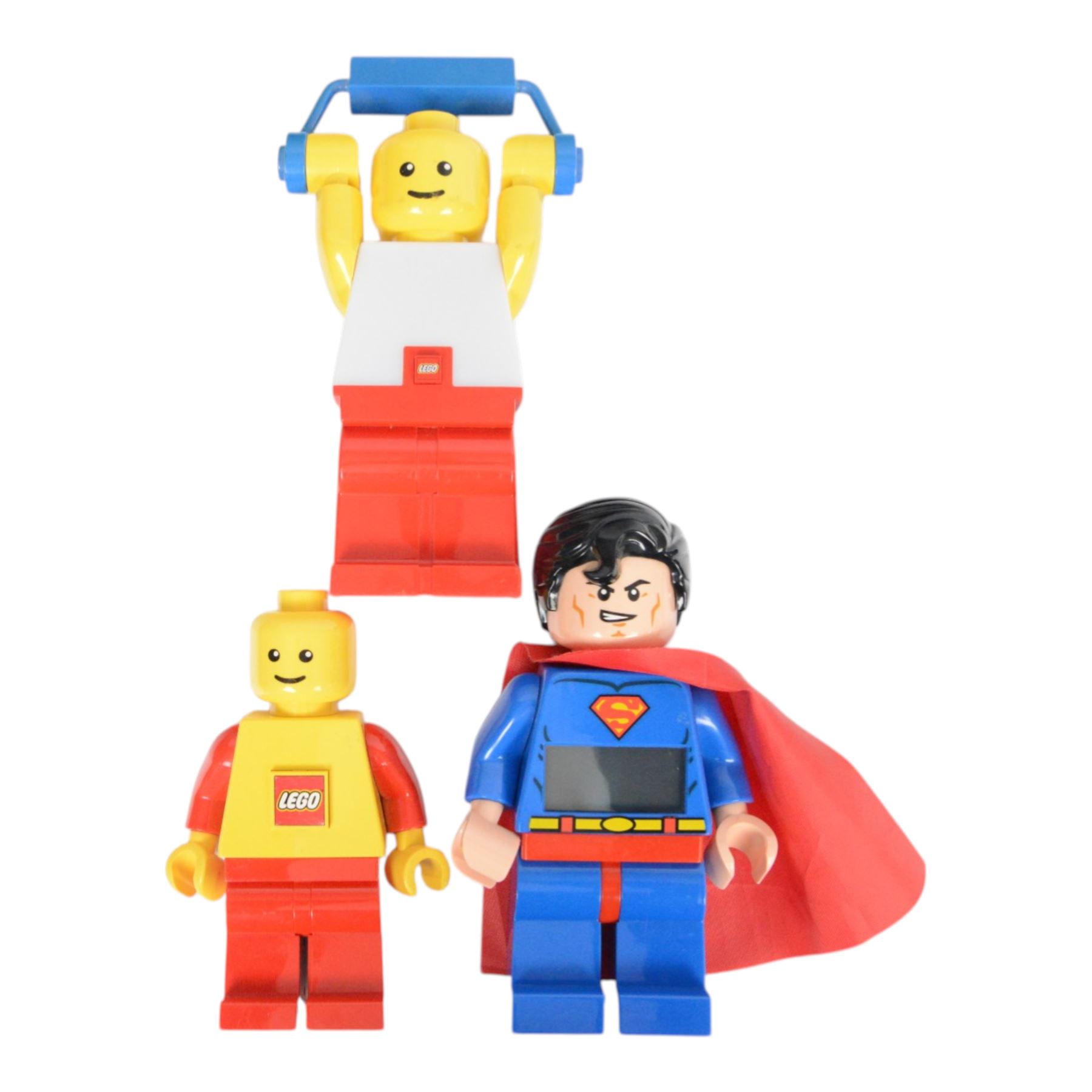 Collection of Lego minifigure alarm clocks and torches, including Batman, Superman, Storm Trooper, etc