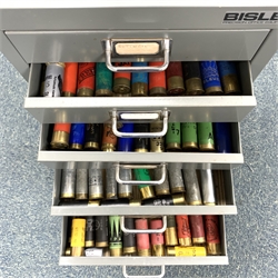 Approximately  five-hundred and seventy shotgun cartridges, various ages, gauges and makers, contained in grey steel ten-drawer cabinet W28cm H67cm D41cm SHOTGUN CERTIFICATE REQUIRED