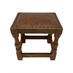 Yorkshire oak - 1960s rectangular oak stool, leather top by Colin Almack (Beaverman), unsigned
