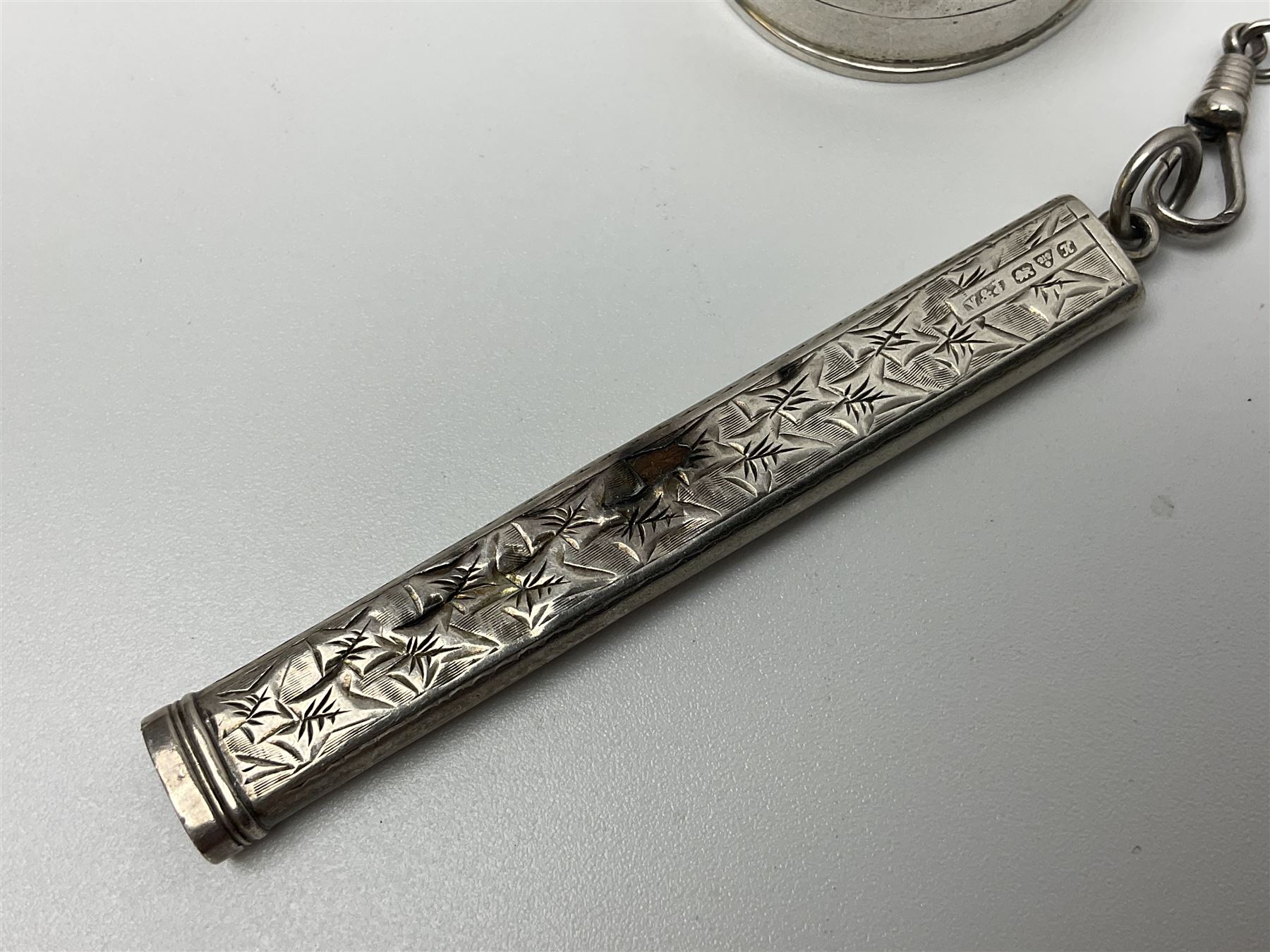 Victorian style silver chatelaine necklace, suspending eight silver sewing and similar accessories, including tape measure, needle case, pencil holder, powder compact and pill box