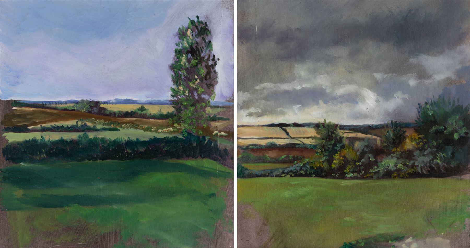 English School (Contemporary): Clouds Gathering over the Fields, pair of oils on board unsigned 31cm x 30cm (2)