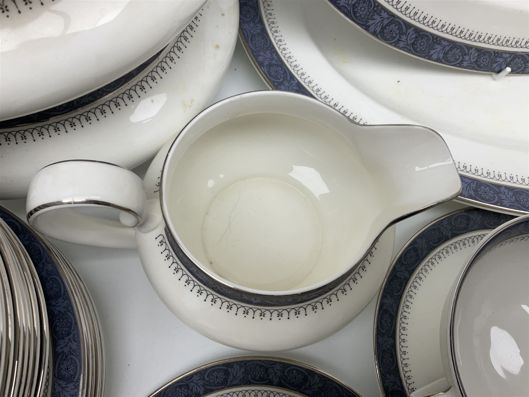 Royal Doulton Sherbrooke pattern part dinner and tea service, to include teapot, ten twin handled soup bowls and saucers, two serving platters, three twin handled covered dishes etc (63)  