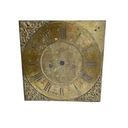 Four 13” painted 19th-century break arch longcase clock dials with one circular 12” American wall clock dial, plus two 11” and one 10” 18th-century brass longcase dials.