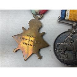 WW1 group of three medals comprising British War Medal, 1914-15 Star and Victory Medal awarded to 20478 Pte. F. Bradley Wilts. R.; all with ribbons; some biographical details