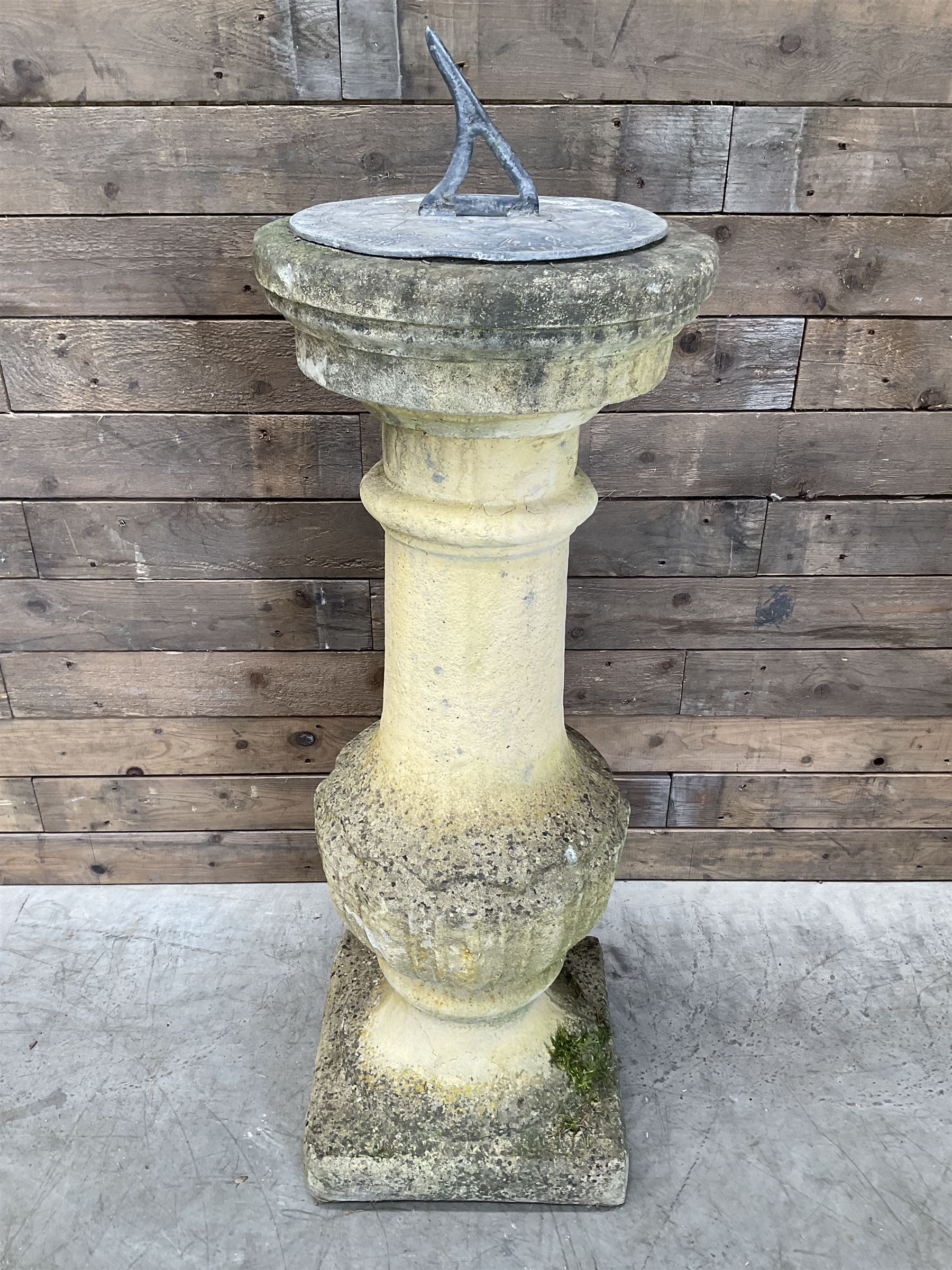 Victorian design cast stone sun dial, circular column with lead NESW plate