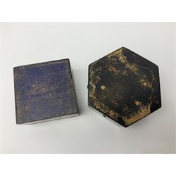 Mauchline ware black lacquered octagonal bobbin box, the hinged cover with forget-me-not floral decoration and sentimental verse, opening to reveal six bobbin holders and retail label for Clark & Co, together with a Mauchline ware sewing box, with floral decoration throughout and verse to hinged cover, a similar black lacquered needle holder and a Mauchline Tartan ware needle holder, largest diameter D11.5cm