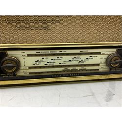 1955 Pye Fenman II valve radio in walnut veneered case, W58cm, together with a 1950s McMichael Type 854 valve radio with Bakelite knobs, W47cm H39cm D24cm, and 1957 Ekco Type A320 radio in dark walnut veneered case (3)