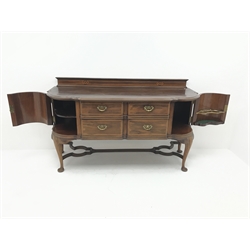  Early 20th century inlaid mahogany breakfront sideboard, raised back, four drawers flanked by two end cupboards, cabriole legs on pad feet, W184cm, H108cm, D67cm  