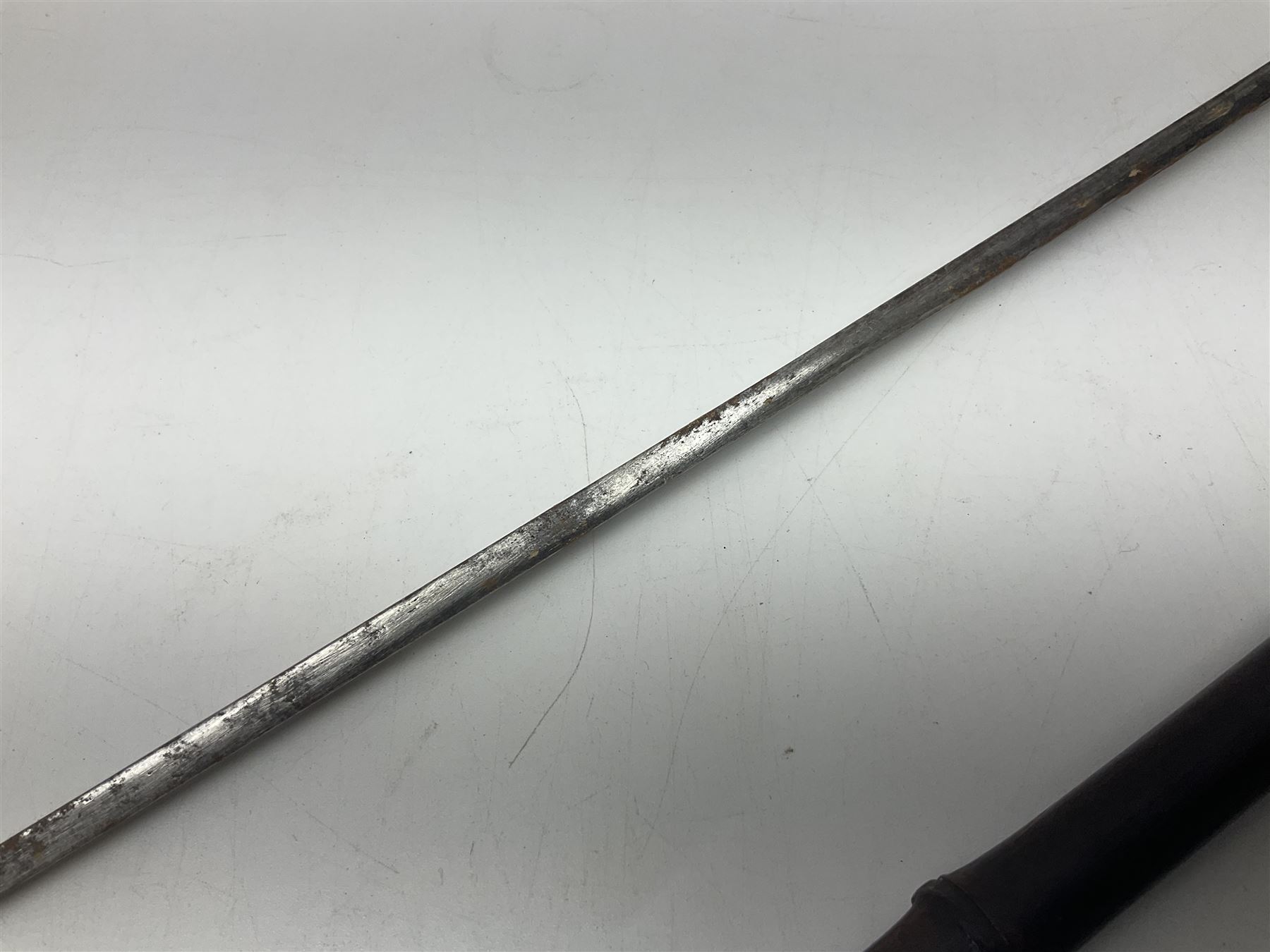 Victorian bamboo sword stick with 42cm square section steel blade, white metal mounts and brass dog's head handle L81cm overall