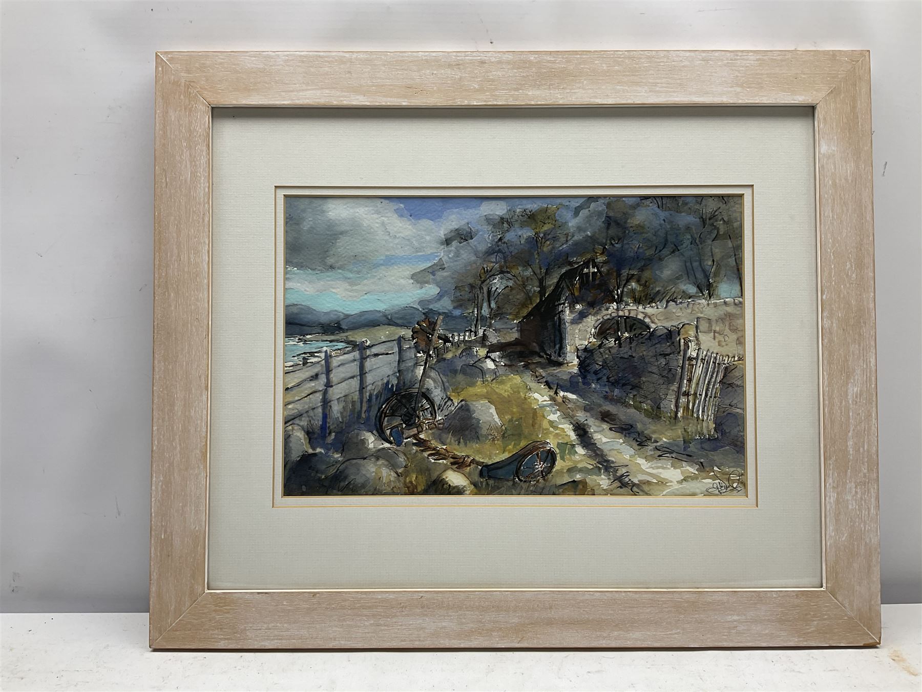Gill Douglas (Northern British 1944-): 'Journeys End - Isle Ewe Wester Ross', watercolour signed, titled verso 24cm x 36cm 
Notes: Originally from Newcastle upon Tyne, at the age of 28 Gill moved to study Theatre Design at Art College in Nottingham.  On completion of her Diploma, in 1976,  she moved to York to establish herself as an artist and print maker.