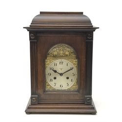  20th century oak cased German bracket clock, twin train Friedrich Mauthe of Schwenningen movement half hour striking on a coil, H45cm, and an Edwardian inlaid mahogany timepiece, H22cm (2)  