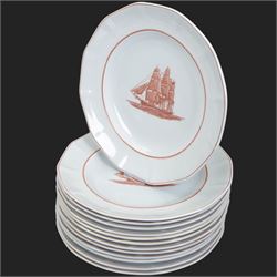 Wedgwood Flying Cloud Georgetown collection tea and dinner wares, including tureen, seven teacups, ten saucers, twelve side plates, three small bowls, two platters, thirteen dinner plates, etc, all decorated with red clipper ship and with printed marks beneath