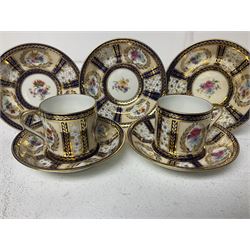 Paragon thee coffee cans and saucers, painted in gilt and colours with flowers, Paragon set of six coffee cups and saucers, 'Reproduction of Service accepted by Her Majesty Queen on her visit to the potteries, with three matching saucers