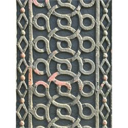 Impressive pair of 19th century cast iron gate piers by Coalbrookdale, each with a later lantern surmount on scrolled mount, above columns with blind fret strapwork decoration, on square section bases. Overall H350cm, Height excluding lanterns 220cm.  - COLLECTION BY APPOINTMENT FROM: The White House, Thirsk Road, Easingwold, York, YO61 3NF - CALL 01723 507111 TO ARRANGE