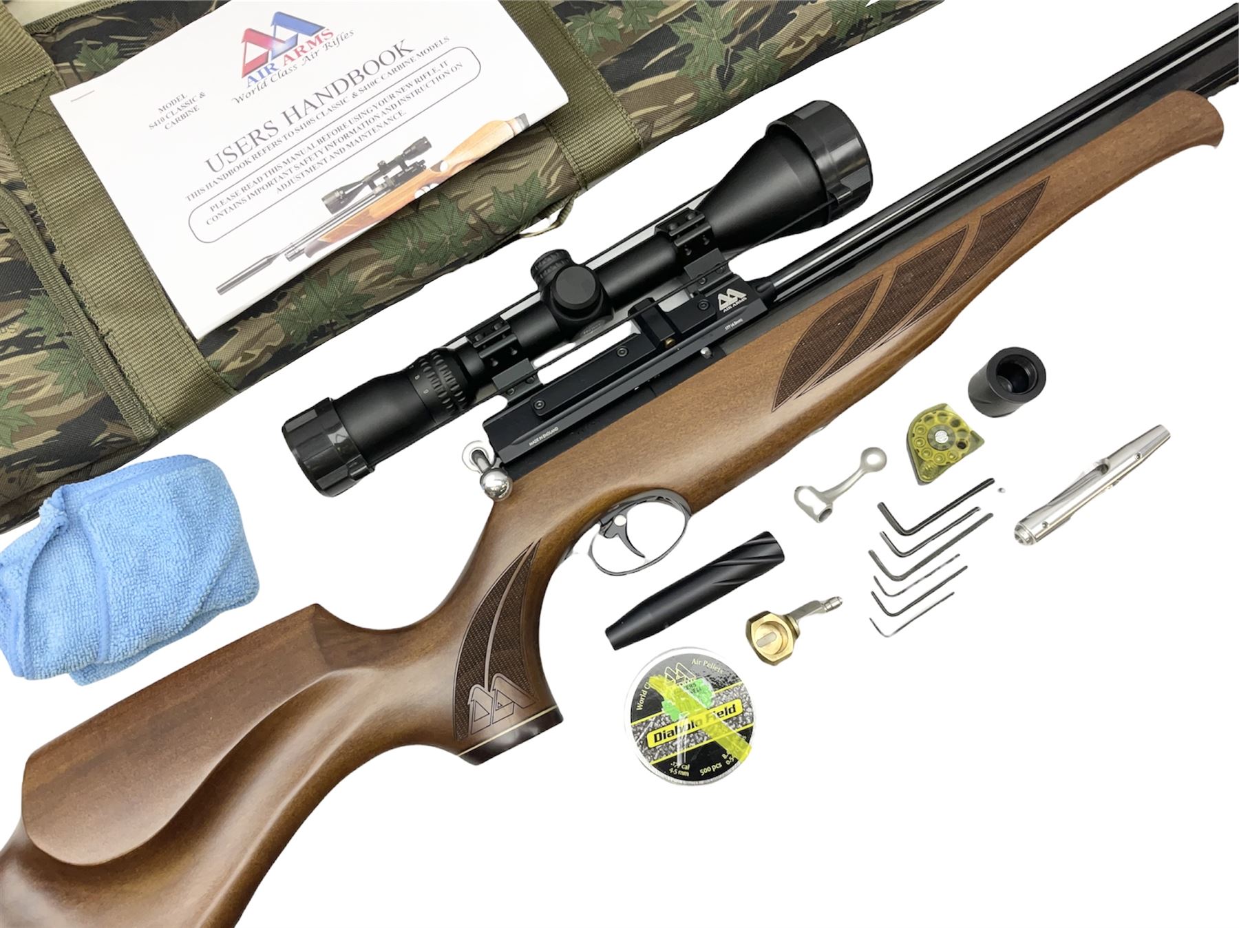 Air Arms Model S410F Classic .177 multi-shot compressed air rifle with bolt action, underside pressure gauge, chequered pistol grip, moderator and Hawke Sport HD 3-9x50 scope L112cm; in Anglo Arms camouflage sleeve with spares, tool kit, magazine and instruction manual