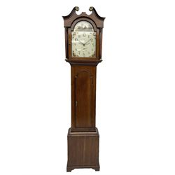 John Bancroft of Scarborough - early nineteenth century oak-cased 30-hour longcase clock, with a swans neck pediment with brass patera, break arch hood door with circular pilasters and brass capitals, trunk with a long break arch topped door on a rectangular plinth on bracket feet, painted dial with upright arabic numerals and matching steel hands, dial inscribed Bancroft, Scarborough, with a subsidiary calendar dial,  floral decoration to the spandrels and a game bird depicted in the break arch, rope driven countwheel striking movement, striking the hours on a cast bell. With weight and pendulum.