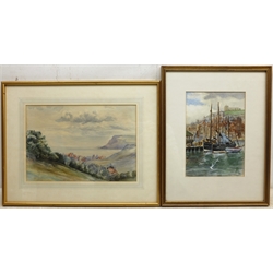  English School (Early 20th century): Robin Hoods Bay looking towards Ravenscar, watercolour unsigned 22cm x 32cm, and JPB (British Contemporary): Boats in the Lower Harbour Whitby, watercolour signed with initials and dated '07, 24cm x 17cm (2)  