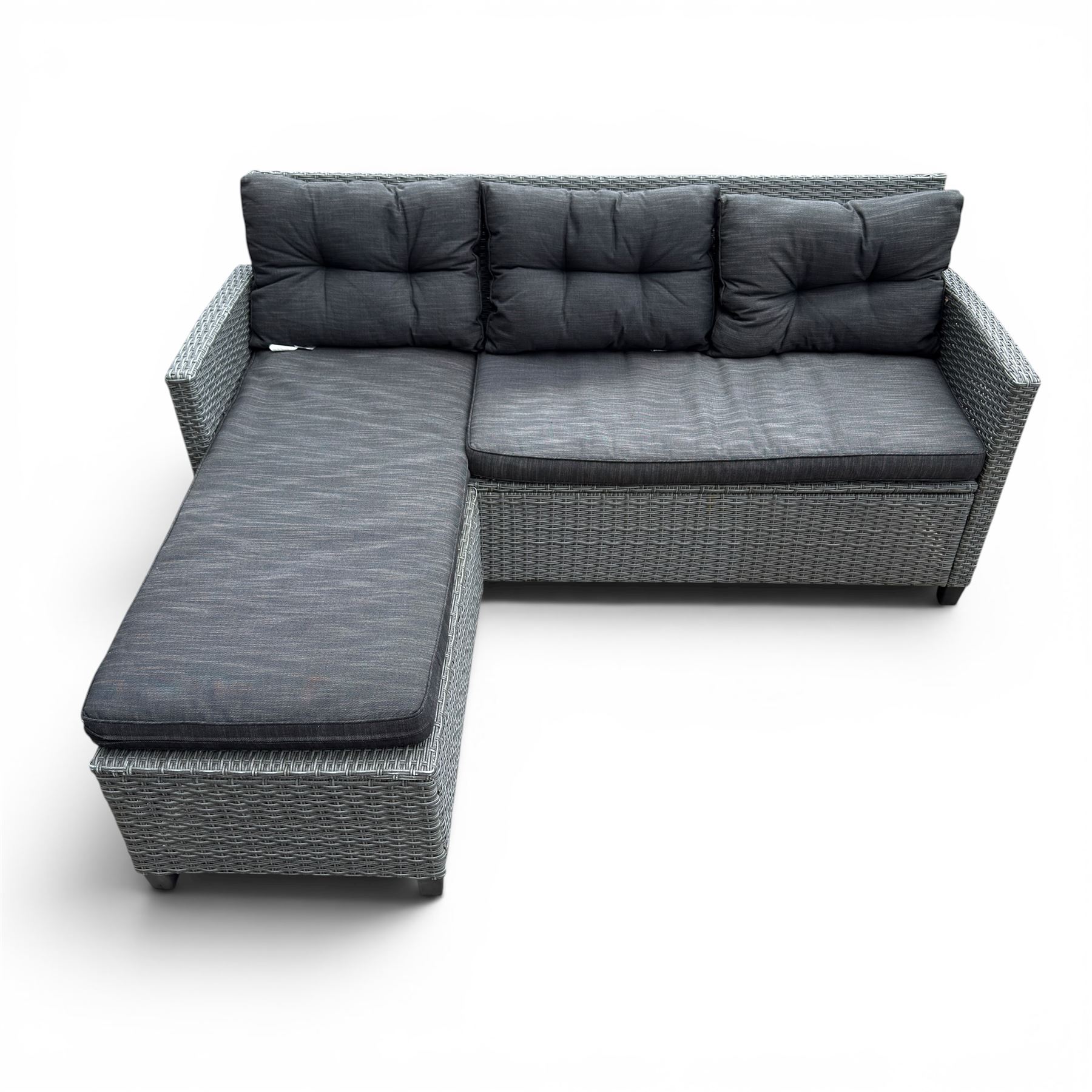 Jutlandia - Rattan garden furniture set with cushions, corner sofa, rectangular glass top table, side table, and two armchairs
