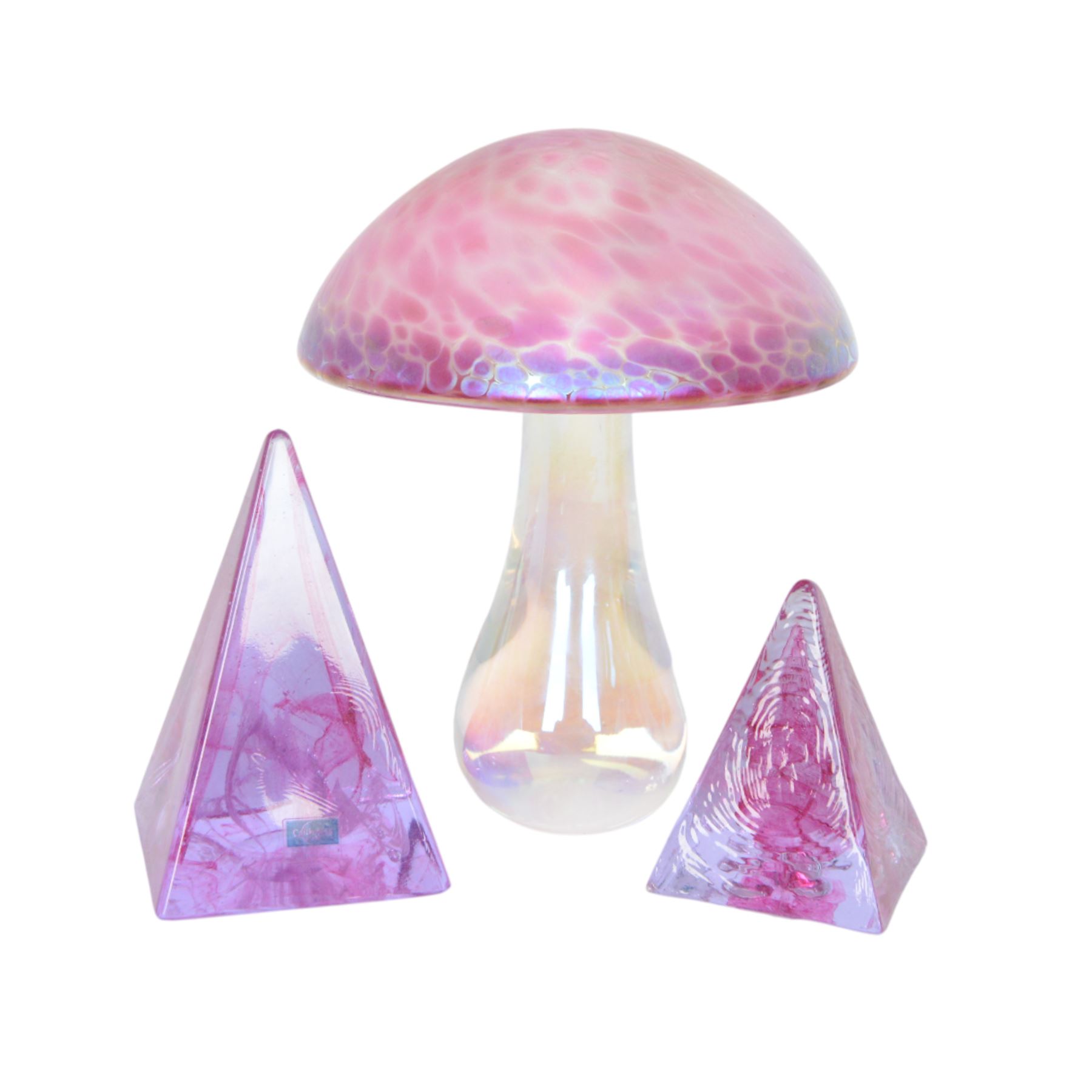 Collection of glass paperweights, including two Avondale glass mushrooms, three Caithness pyramids etc  