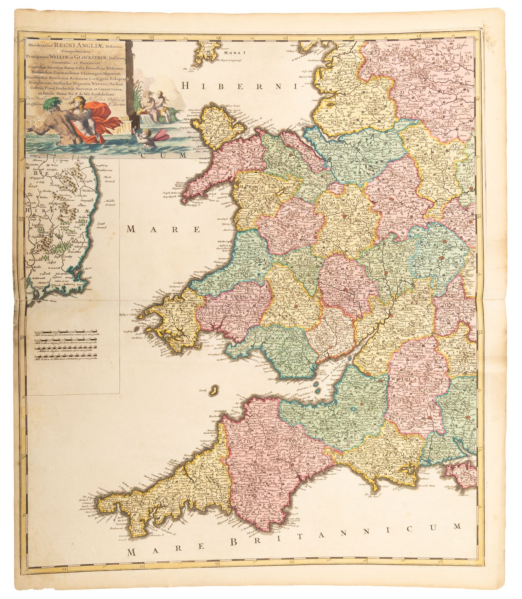 Frederik De Wit (Dutch 1629-1706): 'Occidentalior' & 'Orientalior' 'Regni Angliae' (Southeast & Southwest England), rare complete pair of 17th century engraved maps with hand-colouring pub. c.1685 with margins, 62cm x 53cm (2) (unframed)
