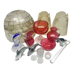 Pair of V Nason & Co murano glass dolphins together with to other glass figures and cranberry glass and lampshades  