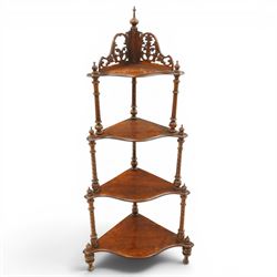 Victorian mahogany corner four-tier whatnot, shaped shelves with pierced and turned uprigh...
