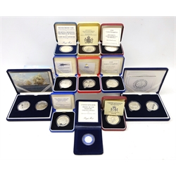  Collection of silver proof coins and coin sets 1980 'Her Majesty Queen Elizabeth The Queen Mother 80th Birthday' crown, 1981 'Commemorating the Marriage of His Royal Highness the Prince of Wales and Lady Diana Spencer' crown, 1982 'Proof silver Piedfort twenty-pence', six silver proof five pound coins, 1993, 1996, 1997, 1998, 1999 and 2000, 2002 'The Royal Celebration Silver Proof Set' and 2005 '200th Anniversary Nelson Trafalgar 2 Crown set', thirteen coin in total  