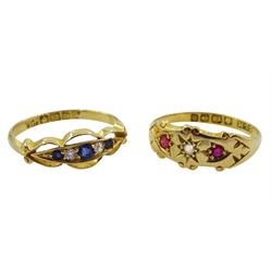Early 20th century 18ct gold sapphire and diamond five stone ring, Birmingham 1911 and a 18ct gold red stone and diamond gypsy set ring, Birmingham 1912 