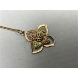 9ct gold flower pendent necklace, silver locket and silver stone set pendant, and a collection of costume jewellery including items by joan rivers and royal crown derby 