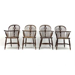 Set four early to mid 19th century elm Windsor armchairs, low pierced splat and stick backs, dished seats, turned supports joined by H shaped stretchers          