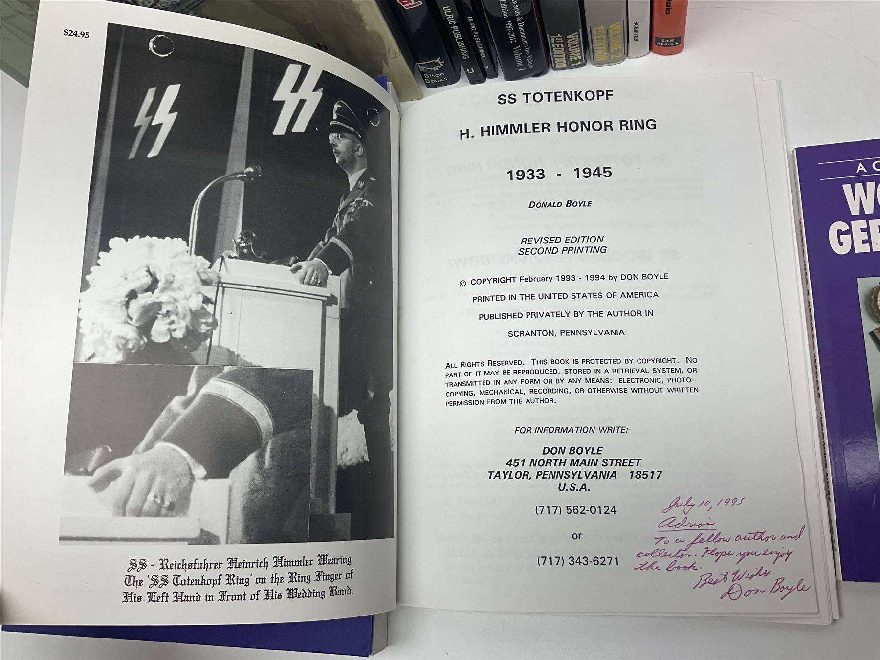 Excellent collection of twelve German Third Reich reference books including four by Adrian Forman - Guide to Third Reich German Awards and Documents, ........ Documents and Their Values. Volumes one and two. Both limited edition and signed by the author; and Bravery, Courage & Valour - Decorations and Awards of the Third Reich; D.E. Bowen: The Prussian & German iron Cross. Signed by the author; Ulric of England: Collecting Third Reich 'SS' and Political Cuffbands. Two volumes; Don Boyle: 'SS' Totenkopf H. Himmler Ring 1933-1945. 2nd printing. Signed by the author and inscribed to 'Adrian' (Forman); and four others (12)