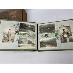 Fully stocked early 20th century Japanese lacquered and shibayama postcard album in original pine postal delivery box from Japan; with quantity of additional postcards