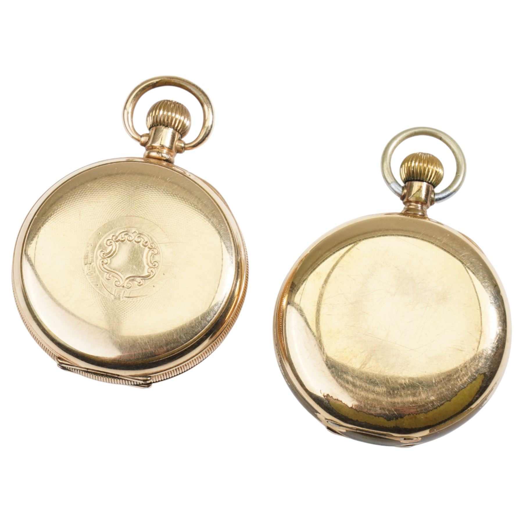 Two early 20th century gold-plated lever pocket watches including H. Stone, Leeds and Elgin and two silver fob watches