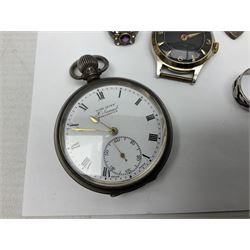 Four wristwatches including Seiko automatic, Sekonda, Timex and Ingersoll, silver Acme Lever pocket watch by H Samuel, 9ct gold keepers ring, silver and 9ct gold paste stone set cluster ring, silver and stone set silver jewellery and other vintage jewellery