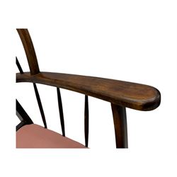 Joynson Holland - pair of mid-20th century stained beech framed easy chairs, shaped back and flat armrests over floral tapestry cushioned seat and back, on splayed supports united by stretcher