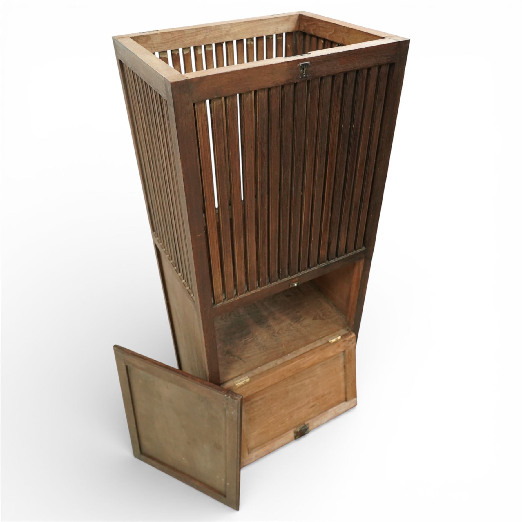 19th century Anglo Indian teak clothes airer cabinet, the rectangular top above a slatted upper compartment enclosed by twin doors, over two fall front compartments with metal drop handles, plain panelled sides and raised on square section supports