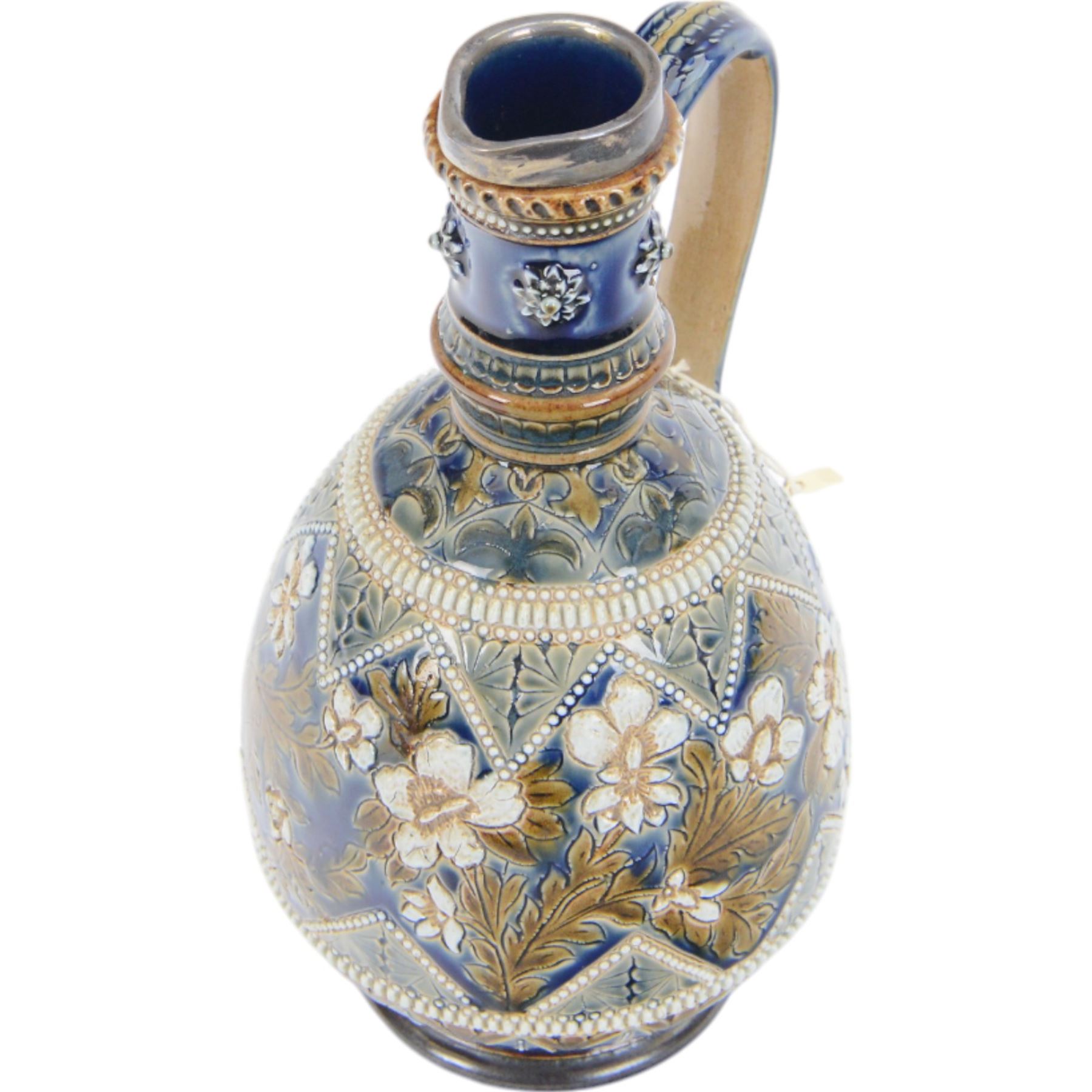 Doulton Lambeth ewer with silver collar, hallmarked, by Elizabeth Sayers, decorated with a central panel of flowers, H25cm