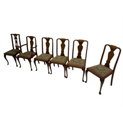 Set five (4+1) hardwood dining chairs, splat back with cross-stitch drop-in seat, raised on cabriole supports