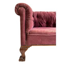 20th century mahogany Chesterfield sofa, upholstered in buttoned crimson fabric, on acanthus carved cabriole supports with ball and claw carved feet