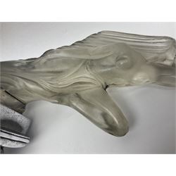 Red Ashay glass car mascot, circa 1929, Acceleration, modelled in frosted Art Deco glass as a nude woman leaping forward, attached to car mounting bracket, L24cm, H18cm 