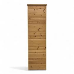 Contemporary painted pine single wardrobe, rectangular oak top over a single panelled door with round metal knob handle, enclosing part boarded interior with hanging rail and two fixed shelves