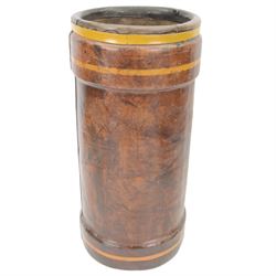 Early 20th century leather artillery shell case by Barrow, Hepburn & Gale Ltd, decorated a transfer printed coat of arms and an impressed N, with a strap handle, the base stamped 'No 58 III BH & G Ltd, together with another artillery shell case