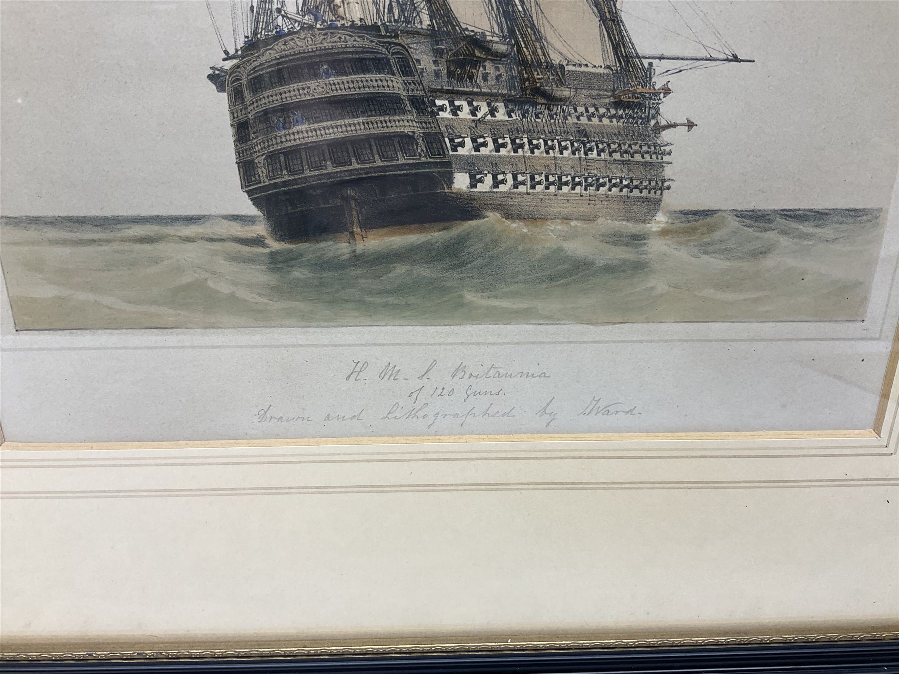 By and after John Ward of Hull (British 1798-1849): 'H M S Britannia of 120 Guns', pair lithographs with hand-colouring signed and titled in pencil 38cm x 25cm (2)