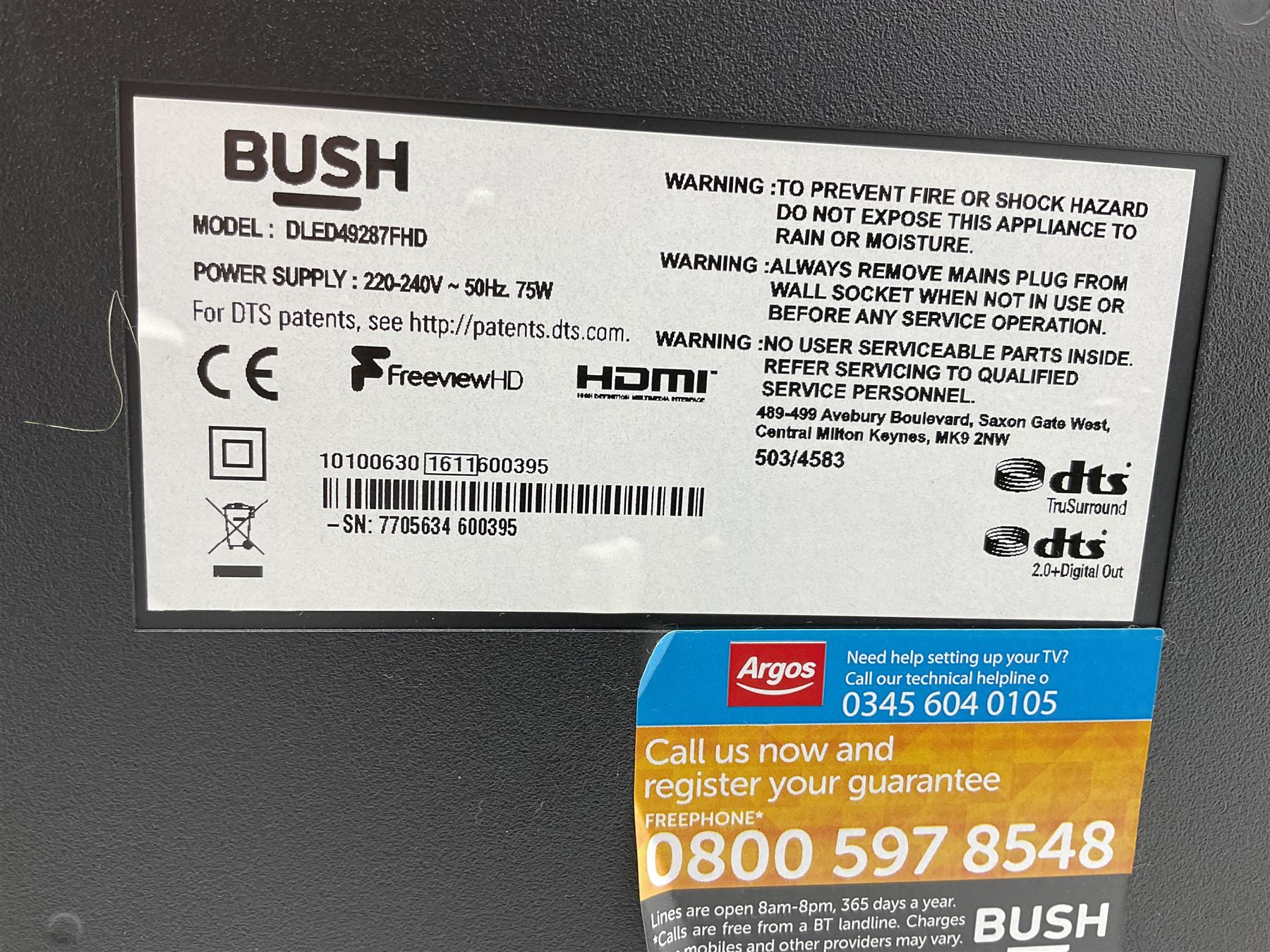 BUSH TV DLED49287FHD 49'' television with remote and a PAIYDA FS22C-2.0