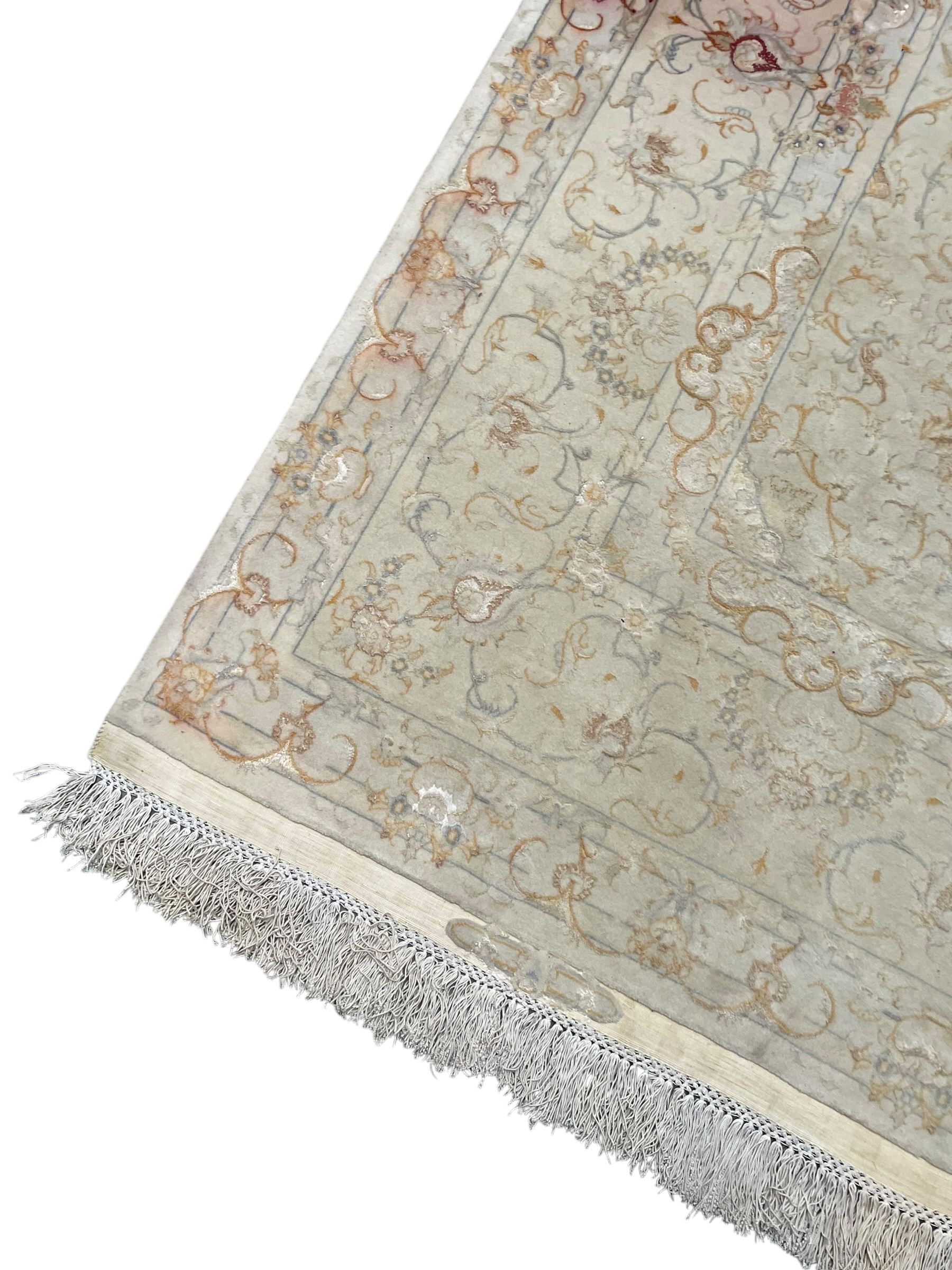 Persian Mahal densely knotted ivory ground carpet, floral rosette medallion surrounded by interlacing leafy branches and palmettes, scrolling border decorated with foliate motifs, within guard stripes, with signature panels to each end