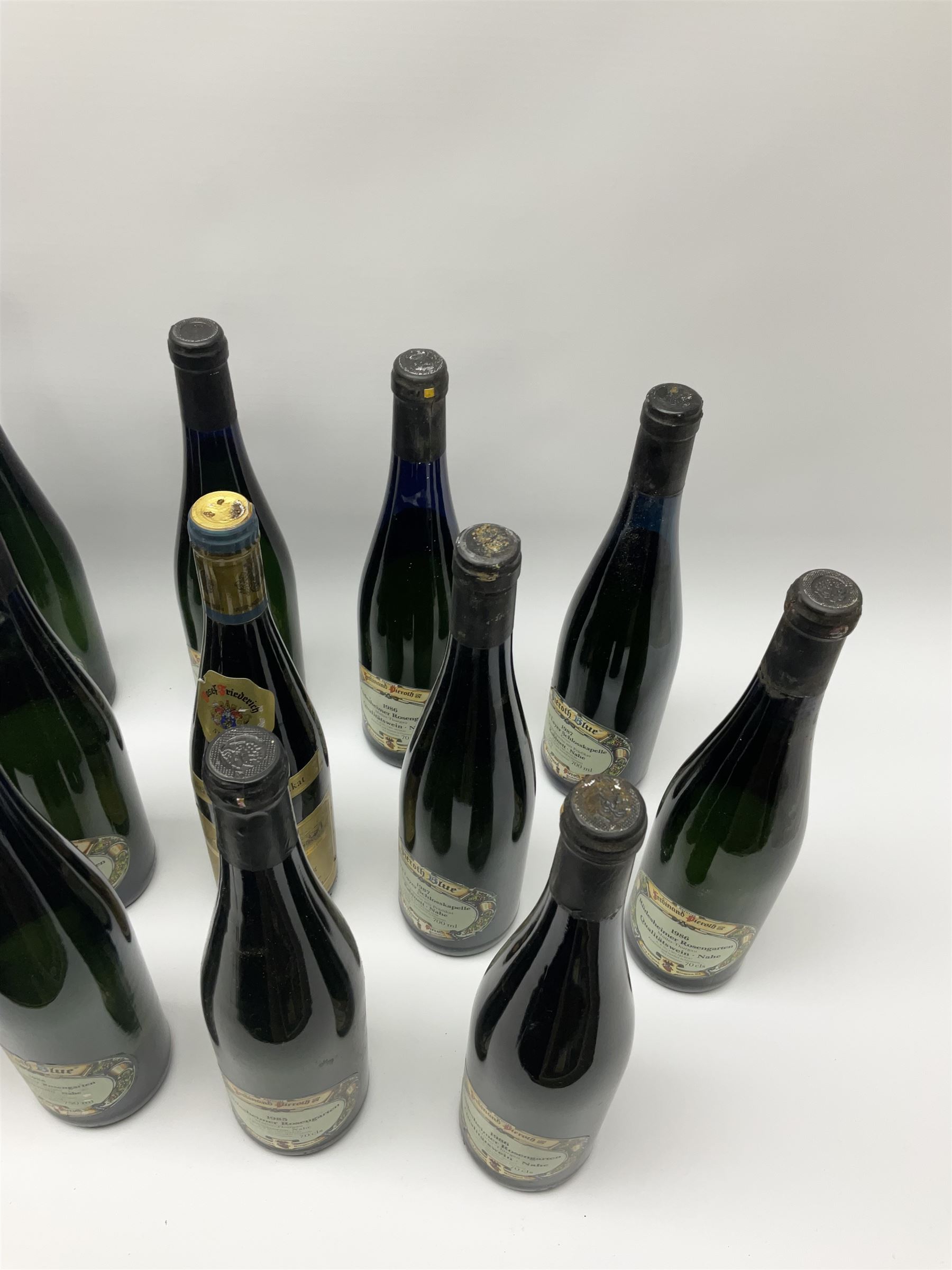 Mixed alcohol including Pieroth Blue 1988 Qualitatswein Nahe 750ml, 10%Vol, Ferdinand Pierroth 1986 Qualitatswein Nahe 70cls etc, various contents and proofs, 25 bottles