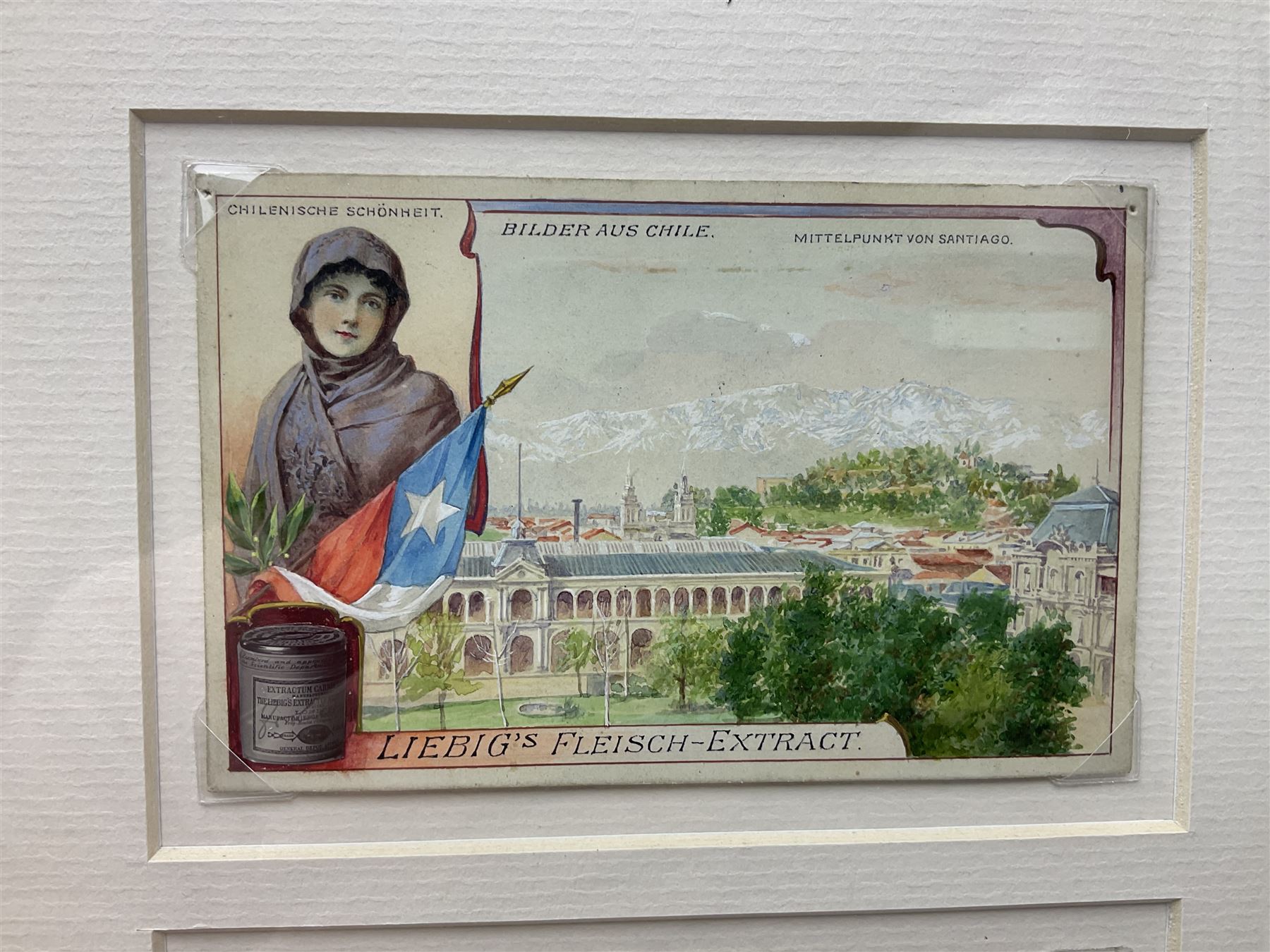 Six original illustrations for Liebig cards, mounted within a gilt frame, frame 71cm, W27cm