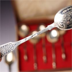 Five Russian 84 standard silver teaspoons with niello work stems and bowls marked 1876, five silver coffee spoons with swans head handles Birmingham 1910, Dutch Gero 90 standard preserve spoon and an early 19th century silver mustard spoon
