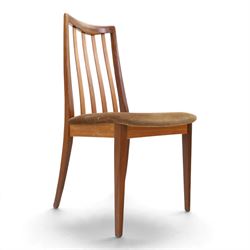 G Plan - Mid 20th century teak extending dining table and four chairs, oval top with stowed fold-over leaf extending to 208cm, raised on two shaped supports united by a stretcher 